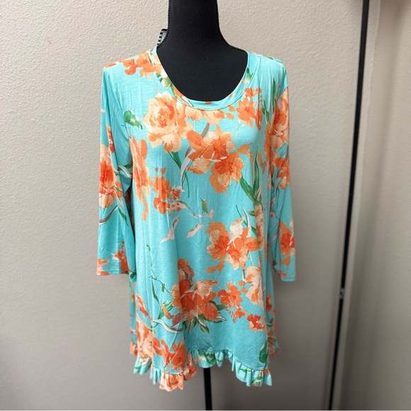Tee for the Soul Floral Aqua and Orange High Low Women's Top. 1XL - Picture 1 of 7
